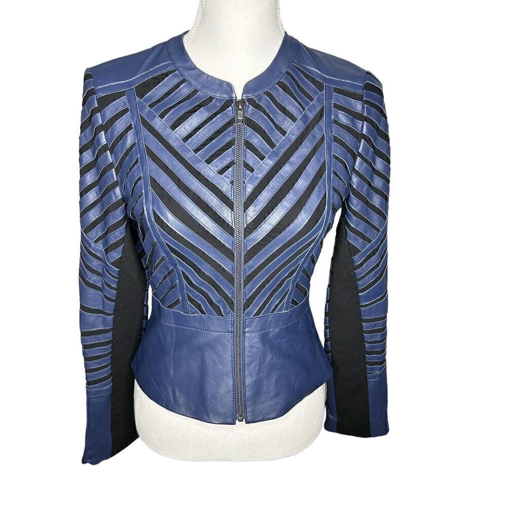 Parker Blue Leather Mesh Evening Jacket Size XS Sold Out! Designer Classic